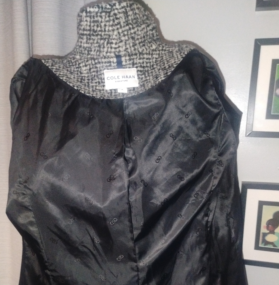 Cole Haan Asymmetrical Shawl Collar Wool Coat in Black and White Sz 14 - Picture 9 of 16